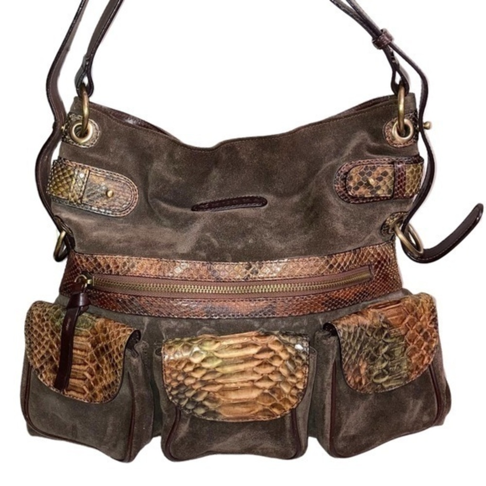 Ghurka RARE brown suede python hobo bag handcrafted in Italy